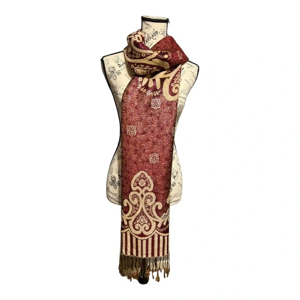 Pashmina Indie’s Fine Wool Scarf Burgundy Metallic Fringe Lightweight Neck Wrap